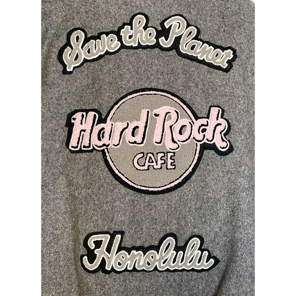 Hard Rock Cafe Honolulu Varsity Jacket Pink Leather Gray Wool Encore Performance